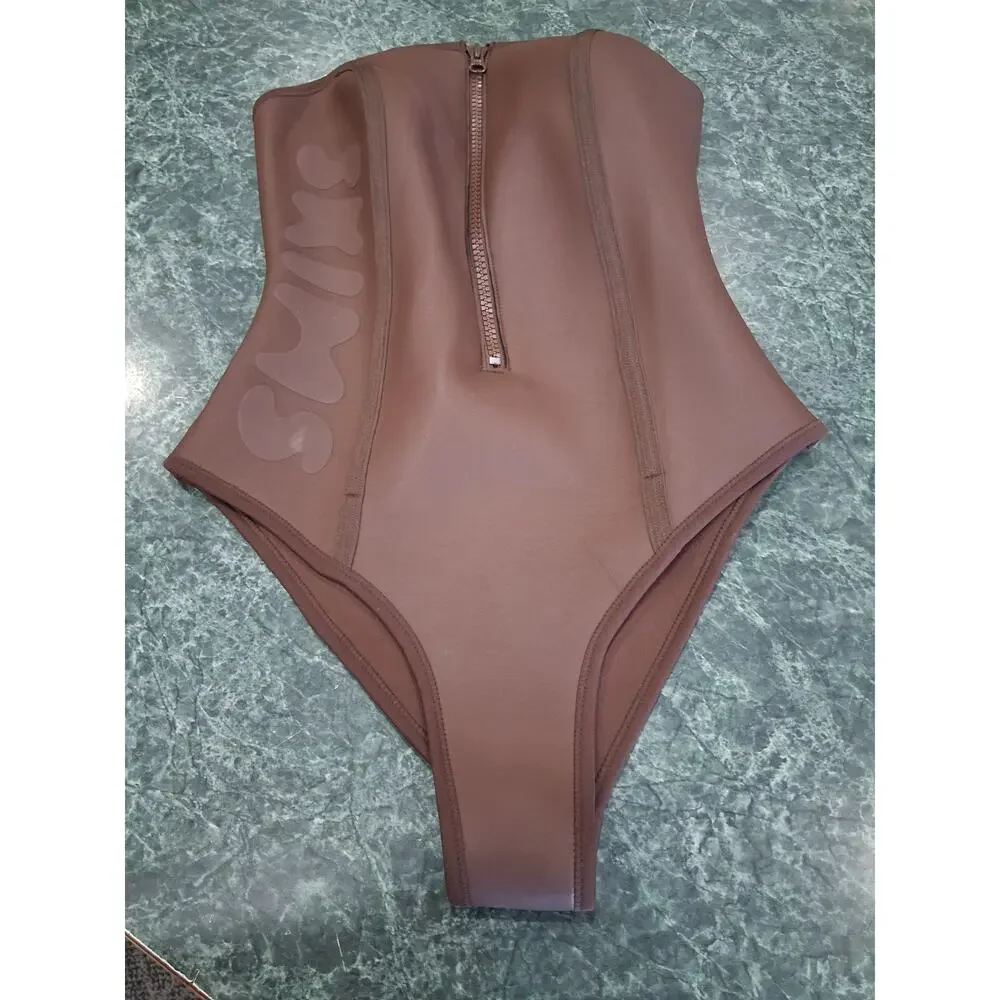 Skims Rubberized Scuba Swim Strapless One Piece Swimsuit Cocoa Brown Sz M New